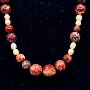 Natural Stone and Freshwater Pearl Artisan Beaded Necklace w/ Toggle Clasp